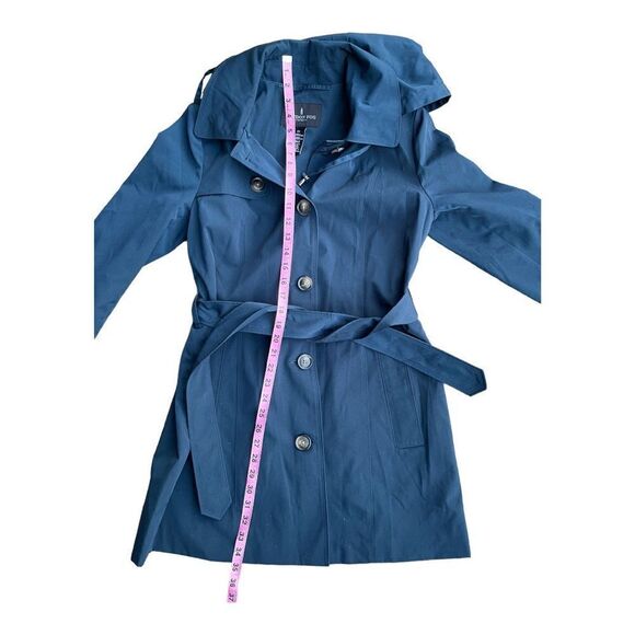 LONDON FOG Teal Blie Trench Coat Tie Waist Short Size Small Hood EUC - Picture 6 of 8
